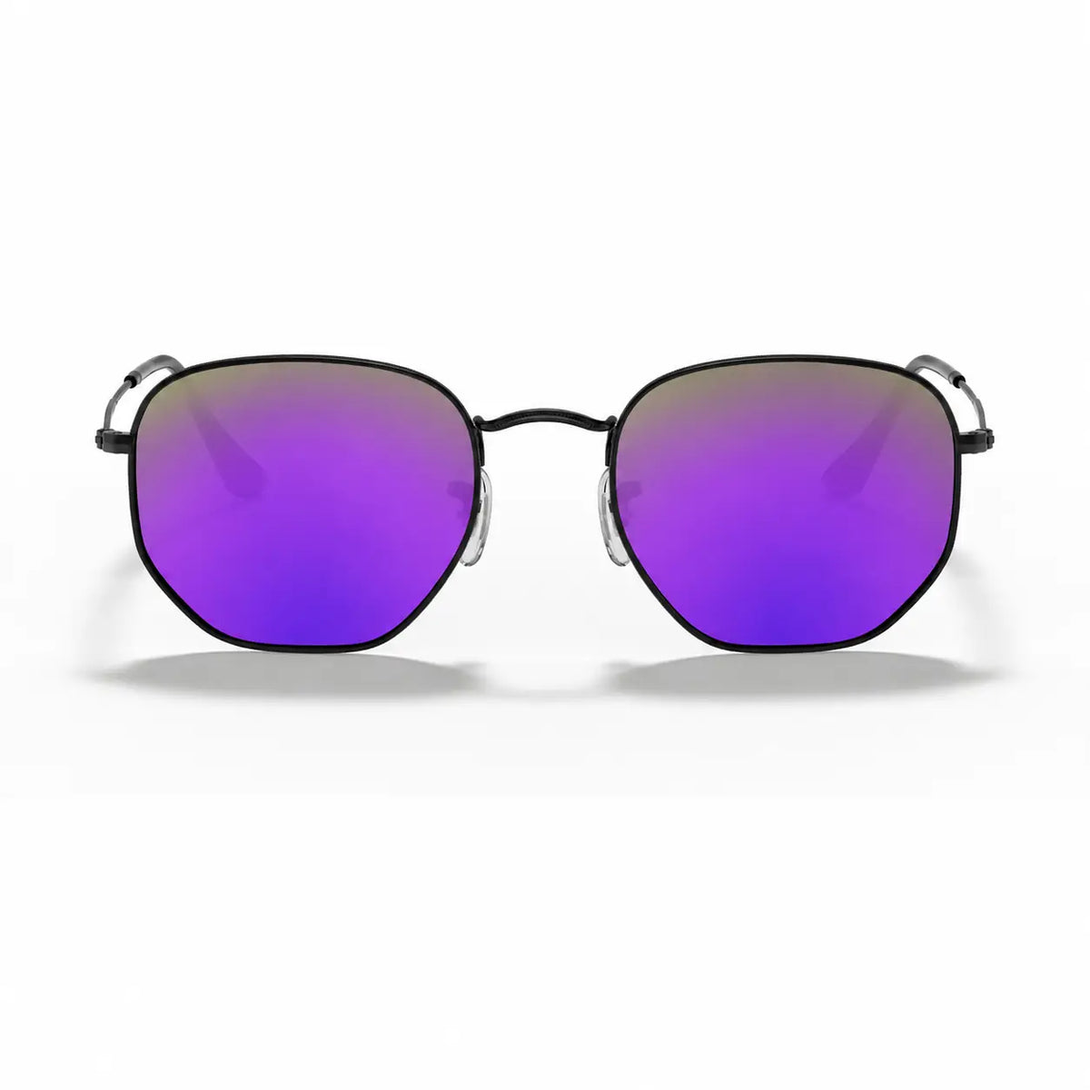Ray-Ban Hexagonal RB3548N replacement lenses in mirrored purple, front view of the frame with the lenses · ReFramed
