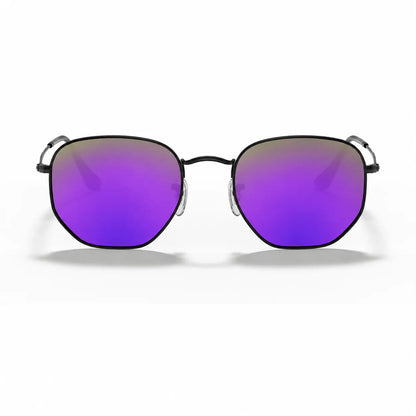 Ray-Ban Hexagonal RB3548N replacement lenses in mirrored purple, front view of the frame with the lenses · ReFramed