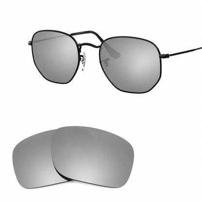 Ray-Ban Hexagonal RB3548N replacement lenses in mirrored silver, angled view of the frame with the lens pair · ReFramed