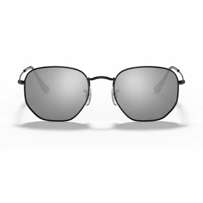 Ray-Ban Hexagonal RB3548N replacement lenses in mirrored silver, front view of the frame with the lenses · ReFramed