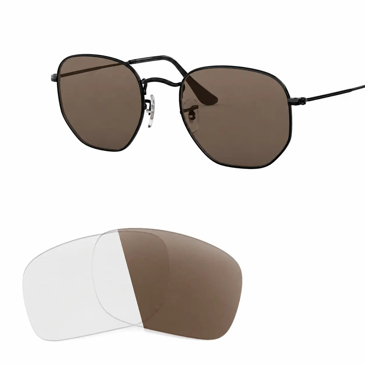 Ray-Ban Hexagonal RB3548N replacement lenses in photochromic brown, angled view of the frame with the lens pair · ReFramed