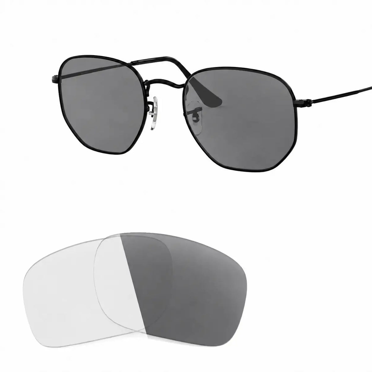 Ray-Ban Hexagonal RB3548N replacement lenses in photochromic gray, angled view of the frame with the lens pair · ReFramed