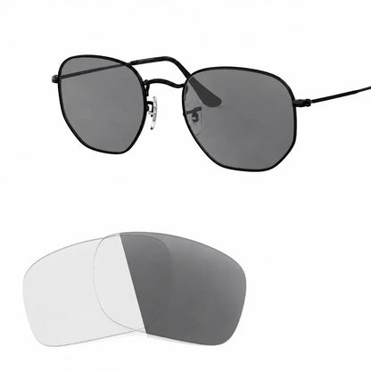 Ray-Ban Hexagonal RB3548N replacement lenses in photochromic gray, angled view of the frame with the lens pair · ReFramed