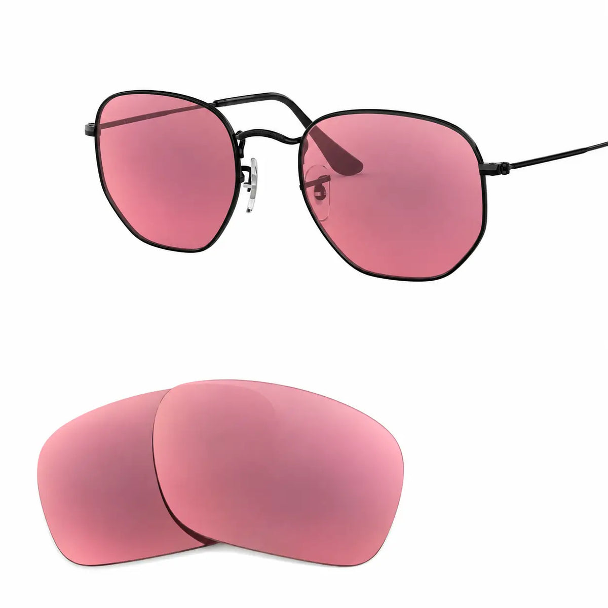 Ray-Ban Hexagonal RB3548N replacement lenses in pink, angled view of the frame with the pair of lenses below · ReFramed