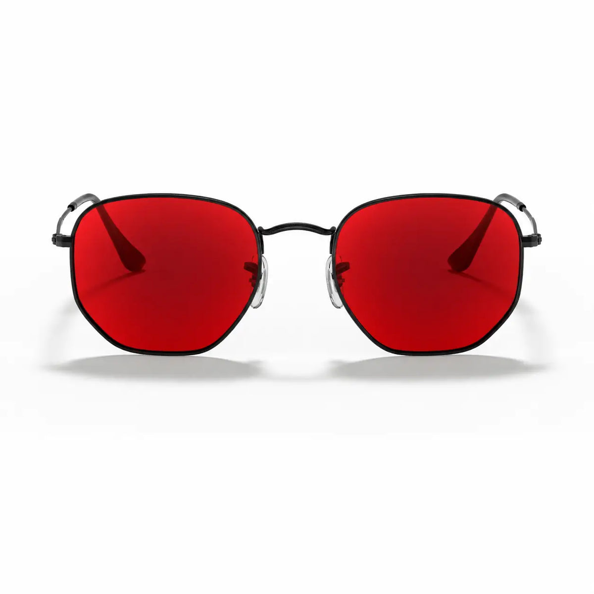 Ray-Ban Hexagonal RB3548N replacement lenses in red, front view of the frame fitted with the new lenses · ReFramed