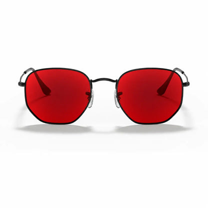 Ray-Ban Hexagonal RB3548N replacement lenses in red, front view of the frame fitted with the new lenses · ReFramed