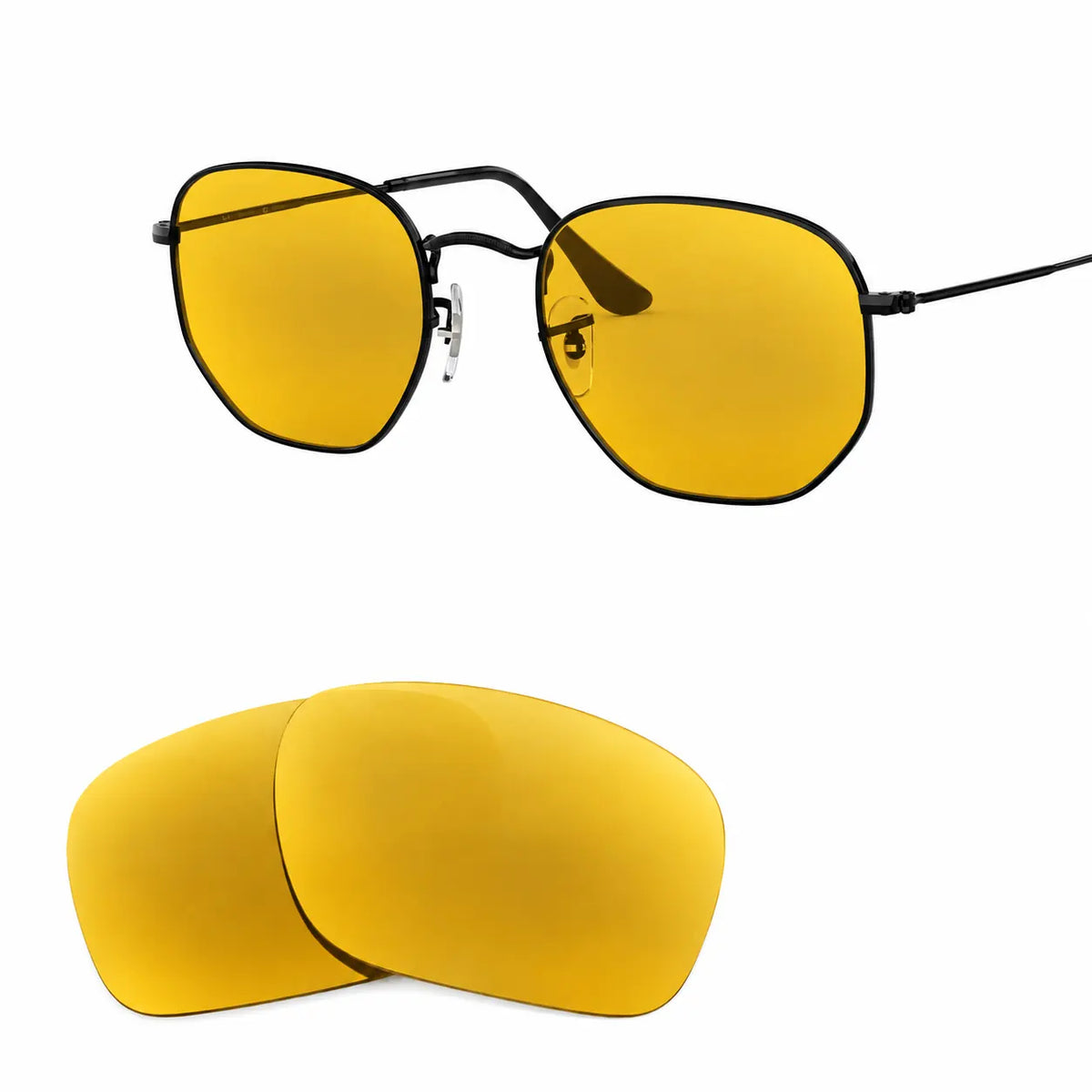 Ray-Ban Hexagonal RB3548N replacement lenses in yellow, angled view of the frame with the pair of lenses below · ReFramed