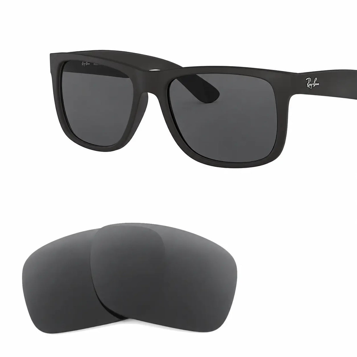 Ray-Ban Justin RB4165 replacement lenses in gray, angled view of the frame with the pair of lenses below · ReFramed