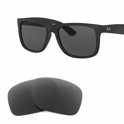 Ray-Ban Justin RB4165 replacement lenses in gray, angled view of the frame with the pair of lenses below · ReFramed