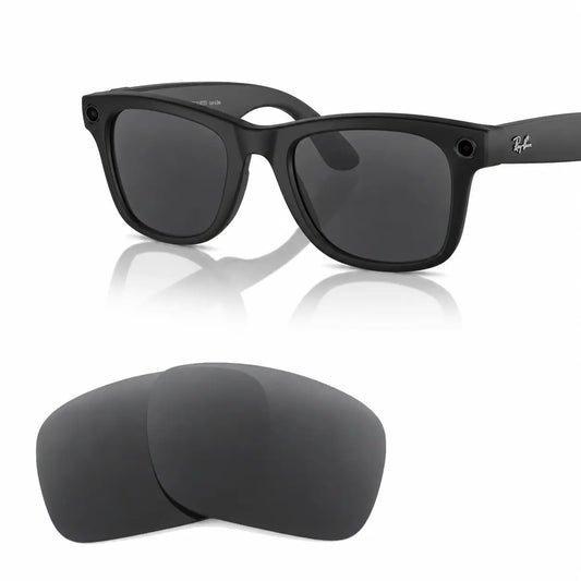 Ray-Ban Meta Wayfarer RW4008 replacement lenses in gray, angled view of the frame with the pair of lenses below · ReFramed