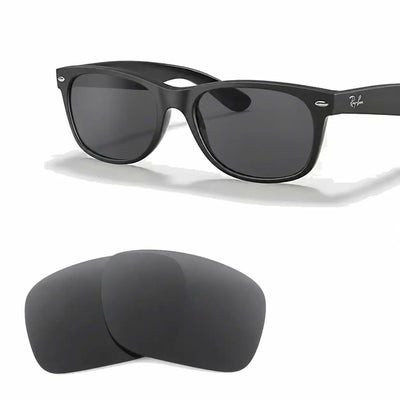 Ray-Ban New Wayfarer RB2132 55mm replacement lenses in gray, angled view of the frame with the lens pair · ReFramed