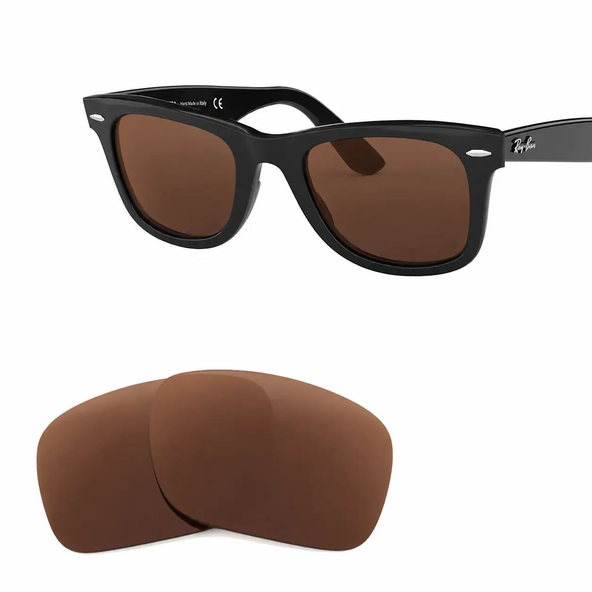 Ray-Ban Original Wayfarer RB2140 replacement lenses in brown, angled view of the frame with the lens pair · ReFramed