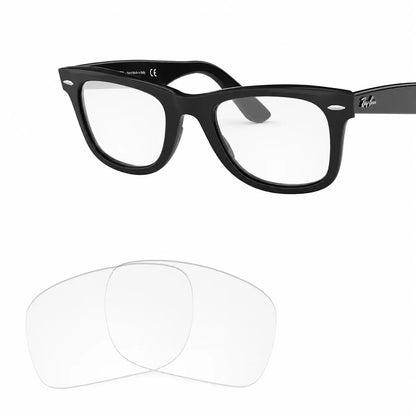 Ray-Ban Original Wayfarer RB2140 replacement lenses in crystal clear, angled view of the frame with the lens pair · ReFramed