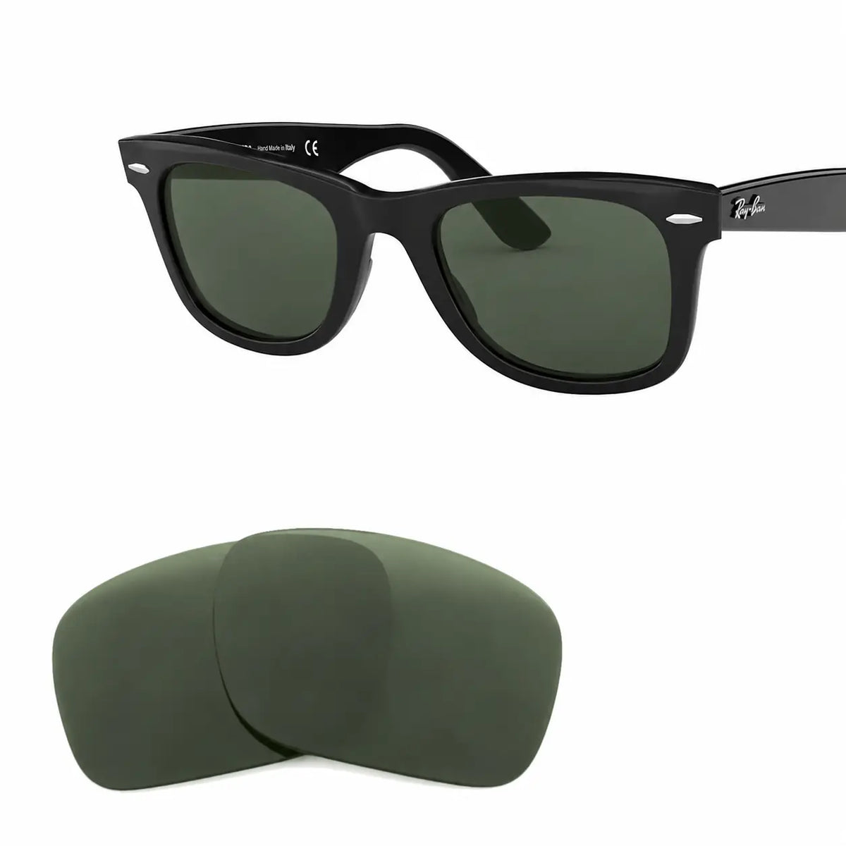Ray-Ban Original Wayfarer RB2140 replacement lenses in G15 green, angled view of the frame with the lens pair · ReFramed