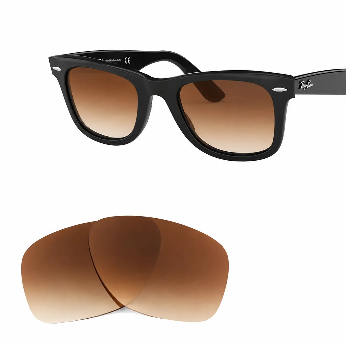 Ray-Ban Original Wayfarer RB2140 replacement lenses in gradient brown, angled view of the frame with the lens pair · ReFramed