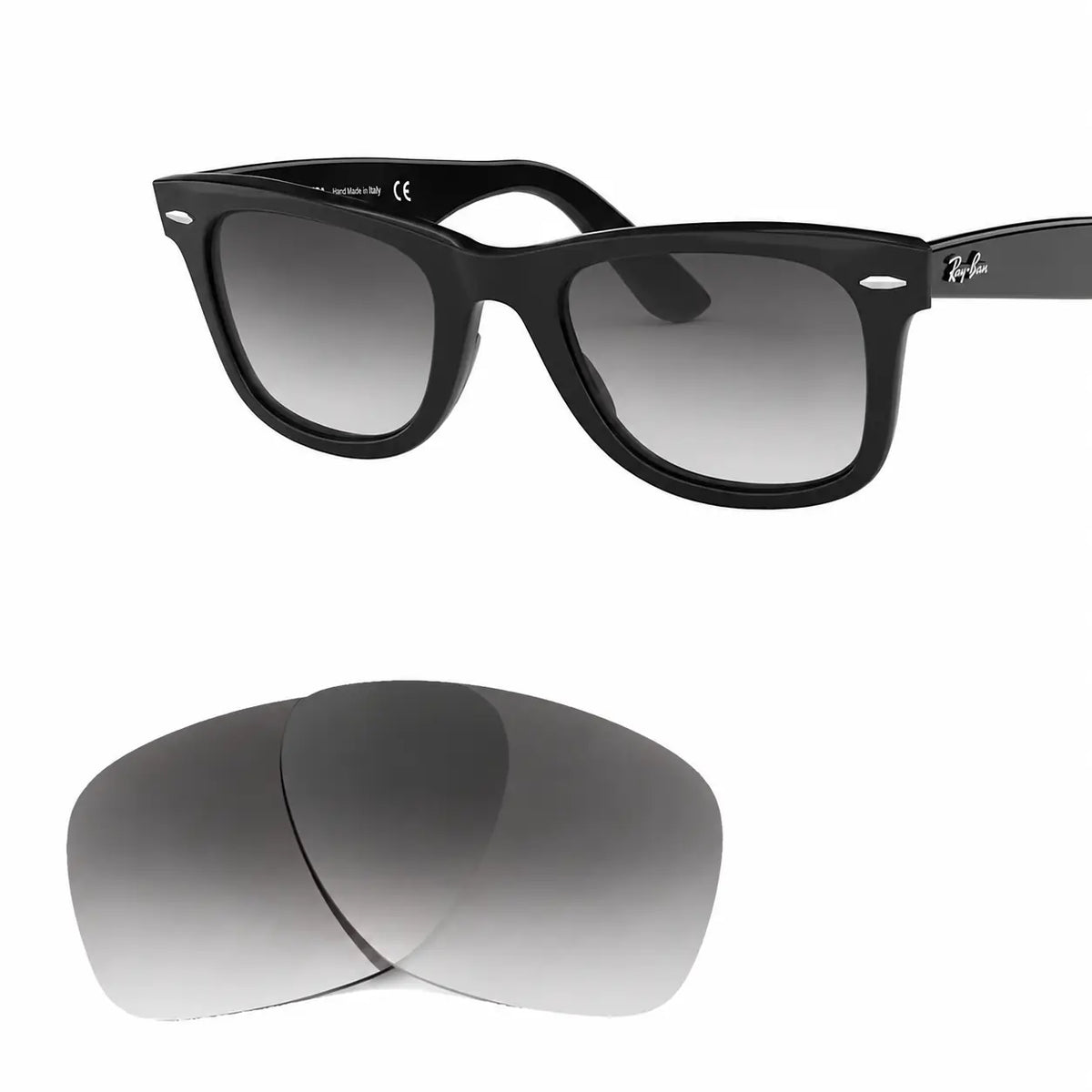 Ray-Ban Original Wayfarer RB2140 replacement lenses in gradient gray, angled view of the frame with the lens pair · ReFramed