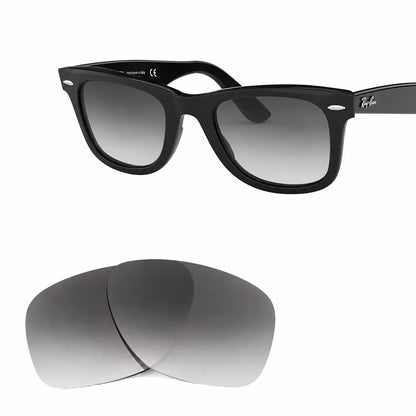 Ray-Ban Original Wayfarer RB2140 replacement lenses in gradient gray, angled view of the frame with the lens pair · ReFramed