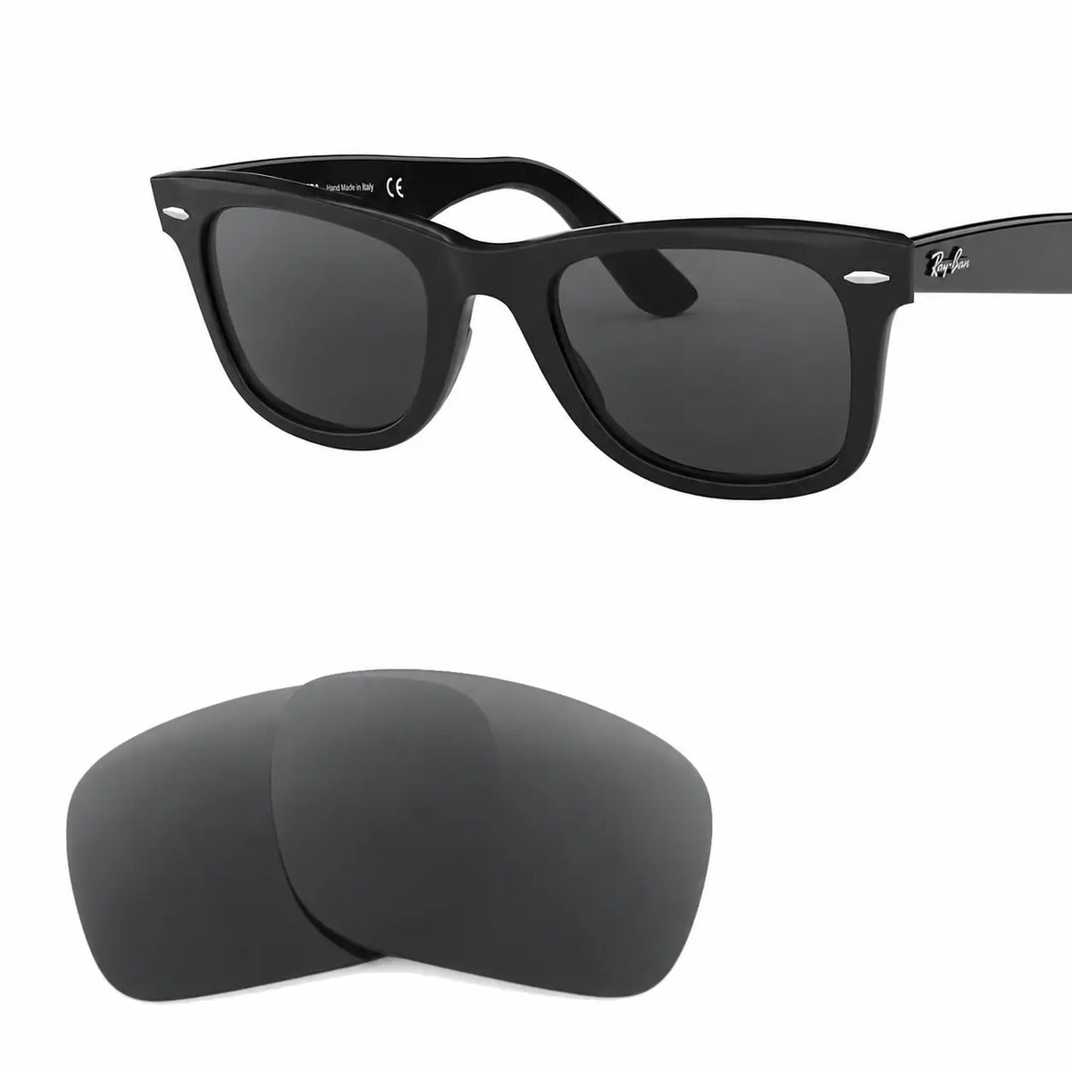 Ray-Ban Original Wayfarer RB2140 replacement lenses in gray, angled view of the frame with the lens pair · ReFramed
