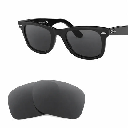 Ray-Ban Original Wayfarer RB2140 replacement lenses in gray, angled view of the frame with the lens pair · ReFramed