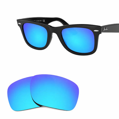 Ray-Ban Original Wayfarer RB2140 replacement lenses in mirrored blue, angled view of the frame with the lens pair · ReFramed