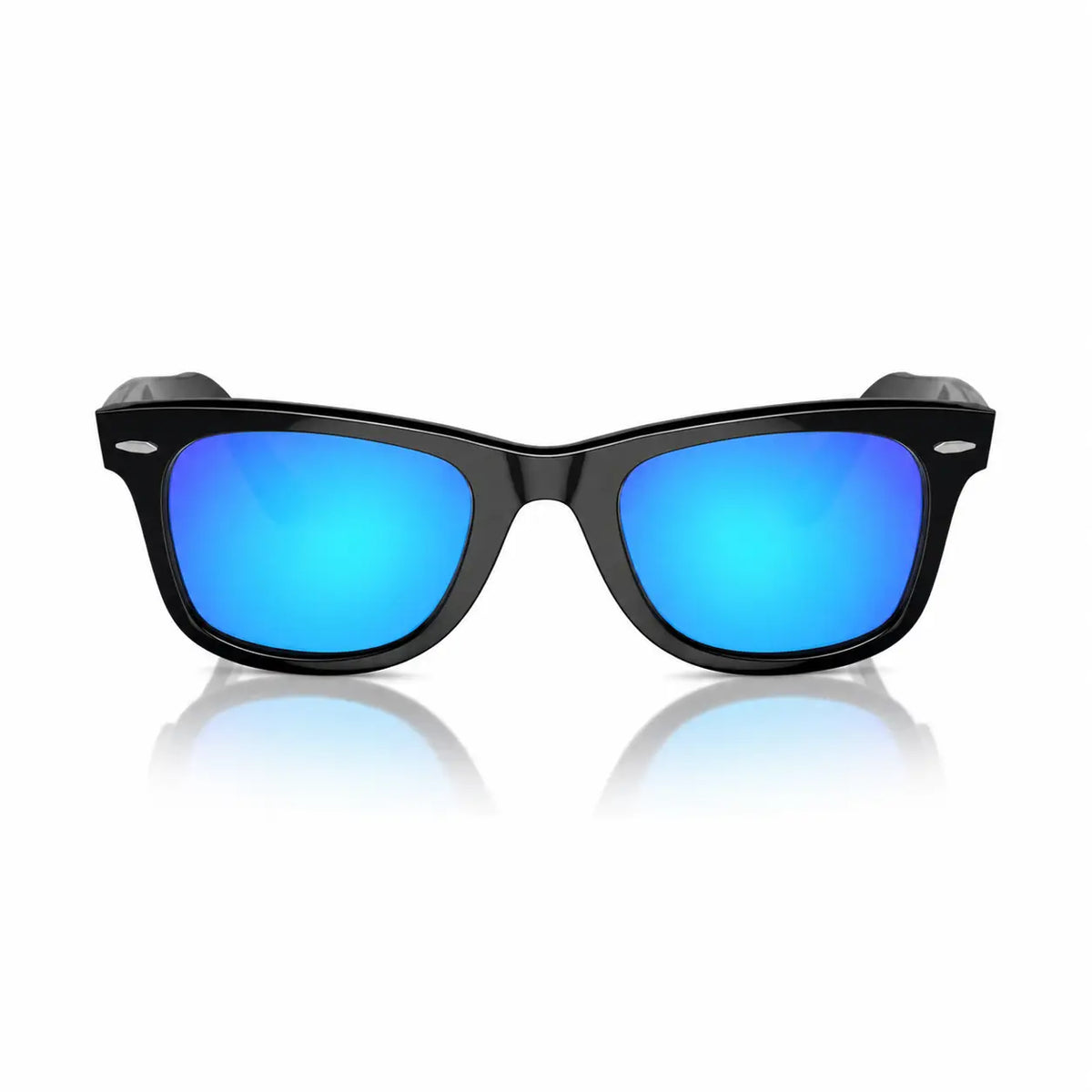 Ray-Ban Original Wayfarer RB2140 replacement lenses in mirrored blue, front view of the frame with the lenses · ReFramed