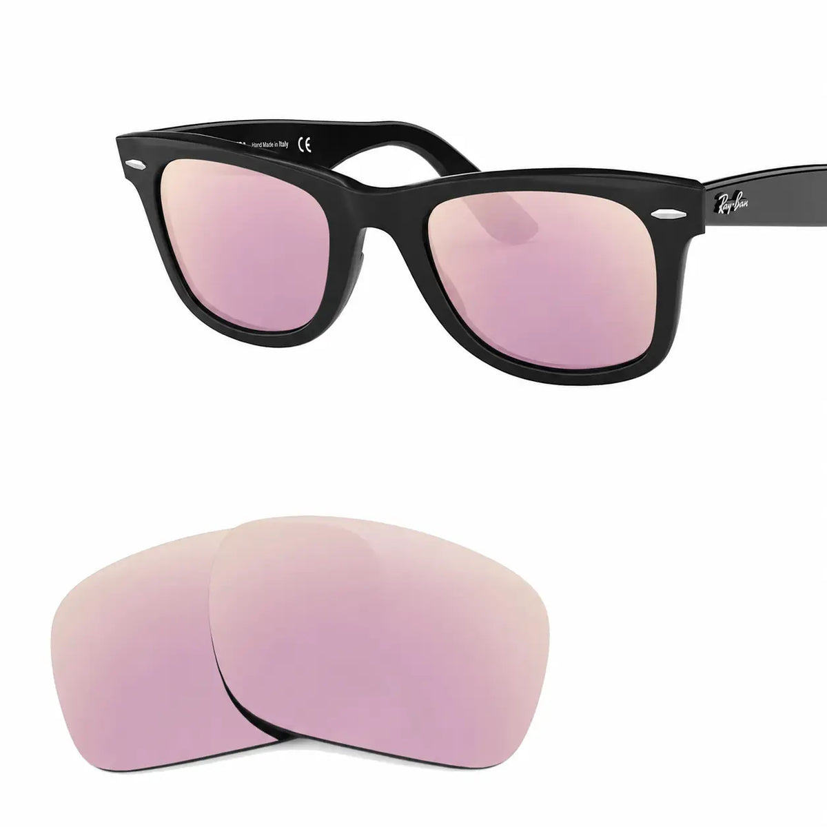 Ray-Ban Original Wayfarer RB2140 replacement lenses in mirrored pink, angled view of the frame with the lens pair · ReFramed