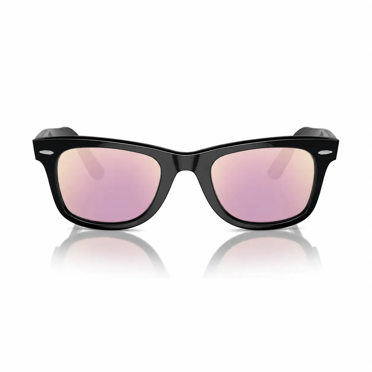 Ray-Ban Original Wayfarer RB2140 replacement lenses in mirrored pink, front view of the frame with the lenses · ReFramed