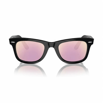 Ray-Ban Original Wayfarer RB2140 replacement lenses in mirrored pink, front view of the frame with the lenses · ReFramed