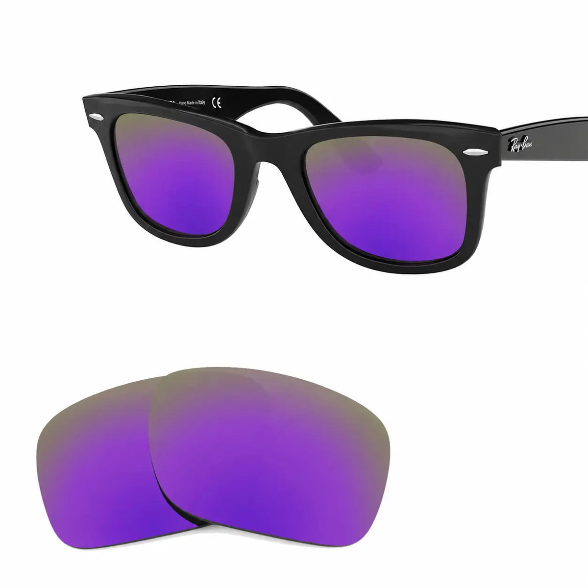 Ray-Ban Original Wayfarer RB2140 replacement lenses in mirrored purple, angled frame view with lens pair · ReFramed
