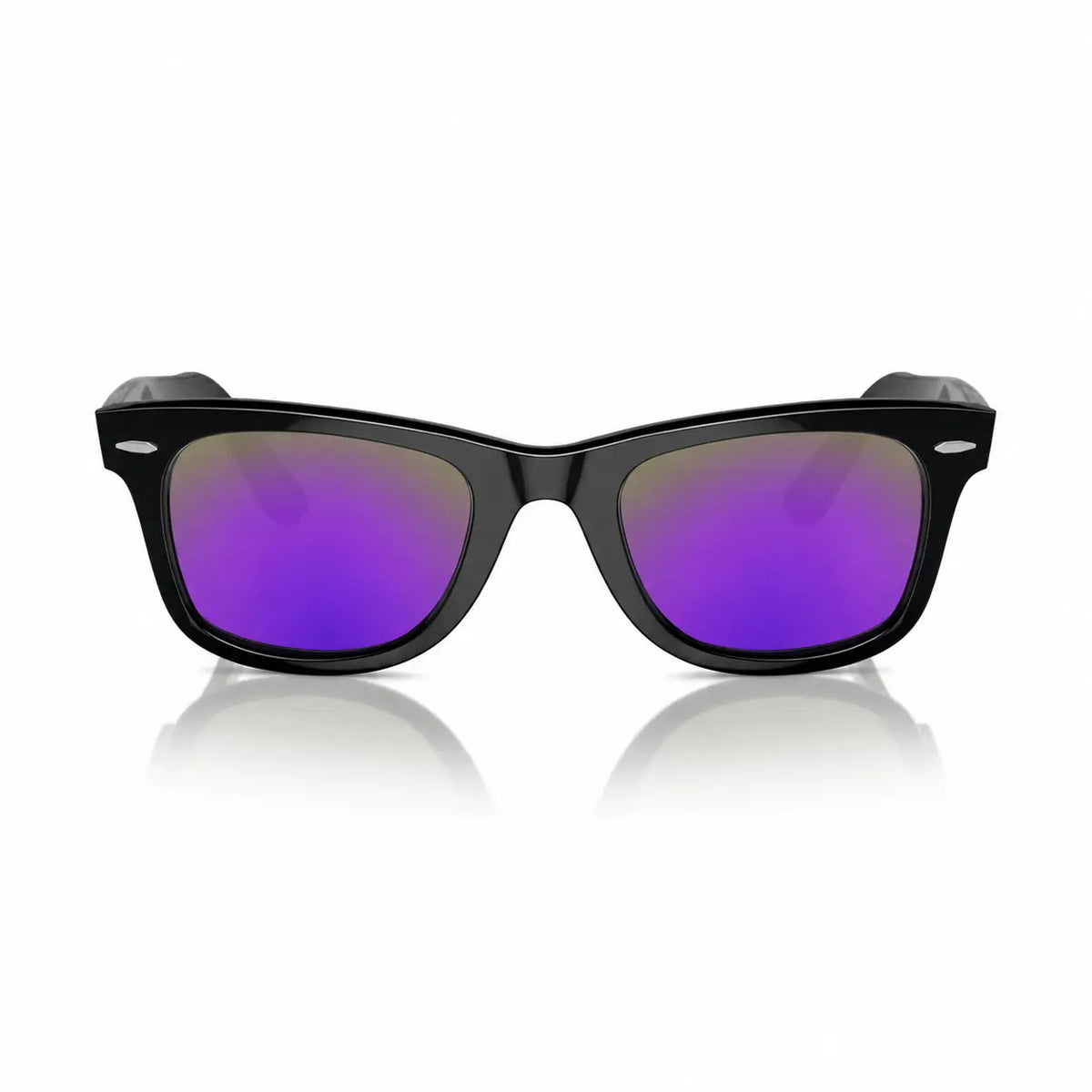Ray-Ban Original Wayfarer RB2140 replacement lenses in mirrored purple, front view of the frame with the lenses · ReFramed