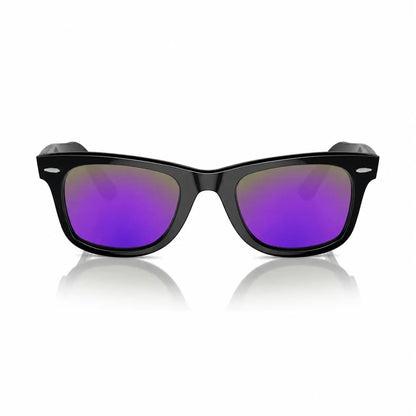 Ray-Ban Original Wayfarer RB2140 replacement lenses in mirrored purple, front view of the frame with the lenses · ReFramed