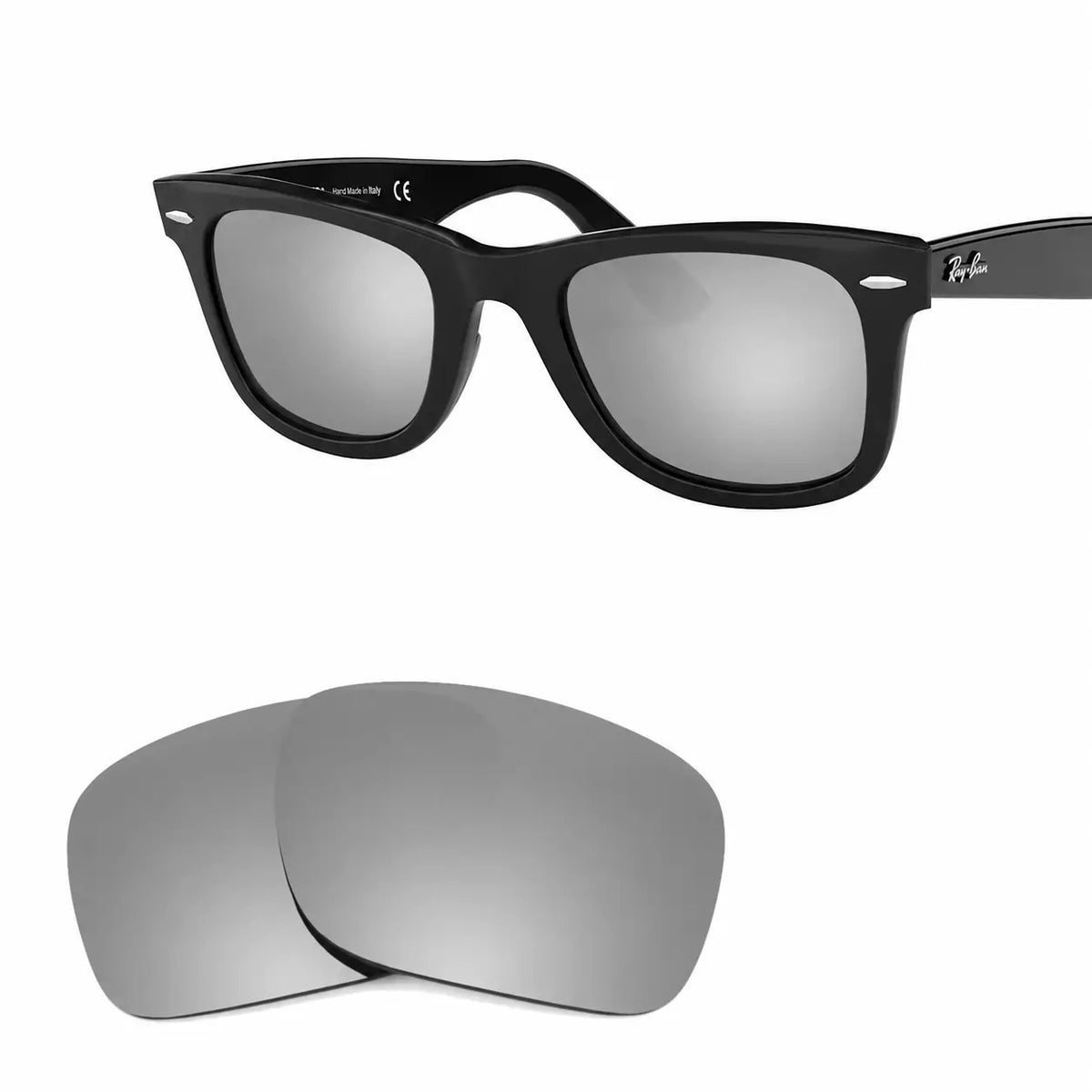 Ray-Ban Original Wayfarer RB2140 replacement lenses in mirrored silver, angled frame view with lens pair · ReFramed