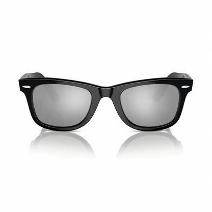 Ray-Ban Original Wayfarer RB2140 replacement lenses in mirrored silver, front view of the frame with the lenses · ReFramed
