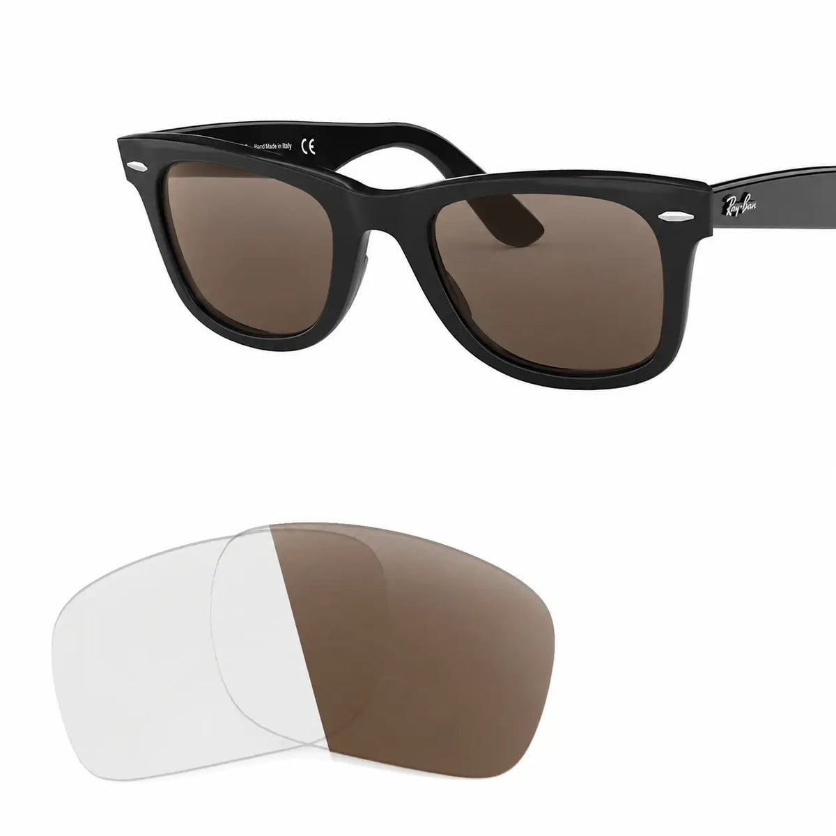 Ray-Ban Original Wayfarer RB2140 replacement lenses in photochromic brown, angled frame view with lens pair · ReFramed