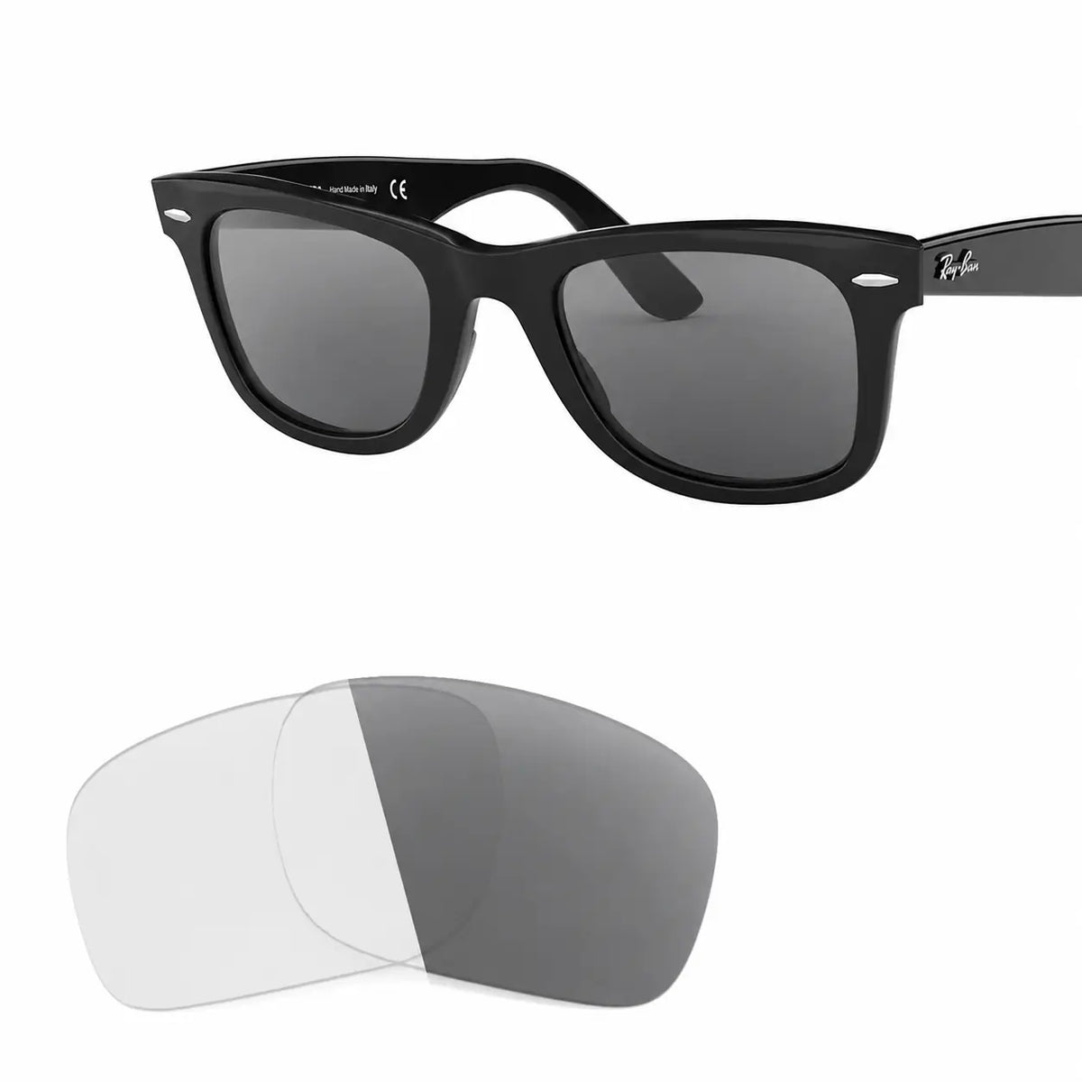 Ray-Ban Original Wayfarer RB2140 replacement lenses in photochromic gray, angled frame view with lens pair · ReFramed