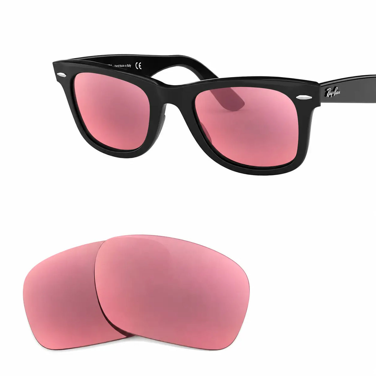 Ray-Ban Original Wayfarer RB2140 replacement lenses in pink, angled view of the frame with the lens pair · ReFramed