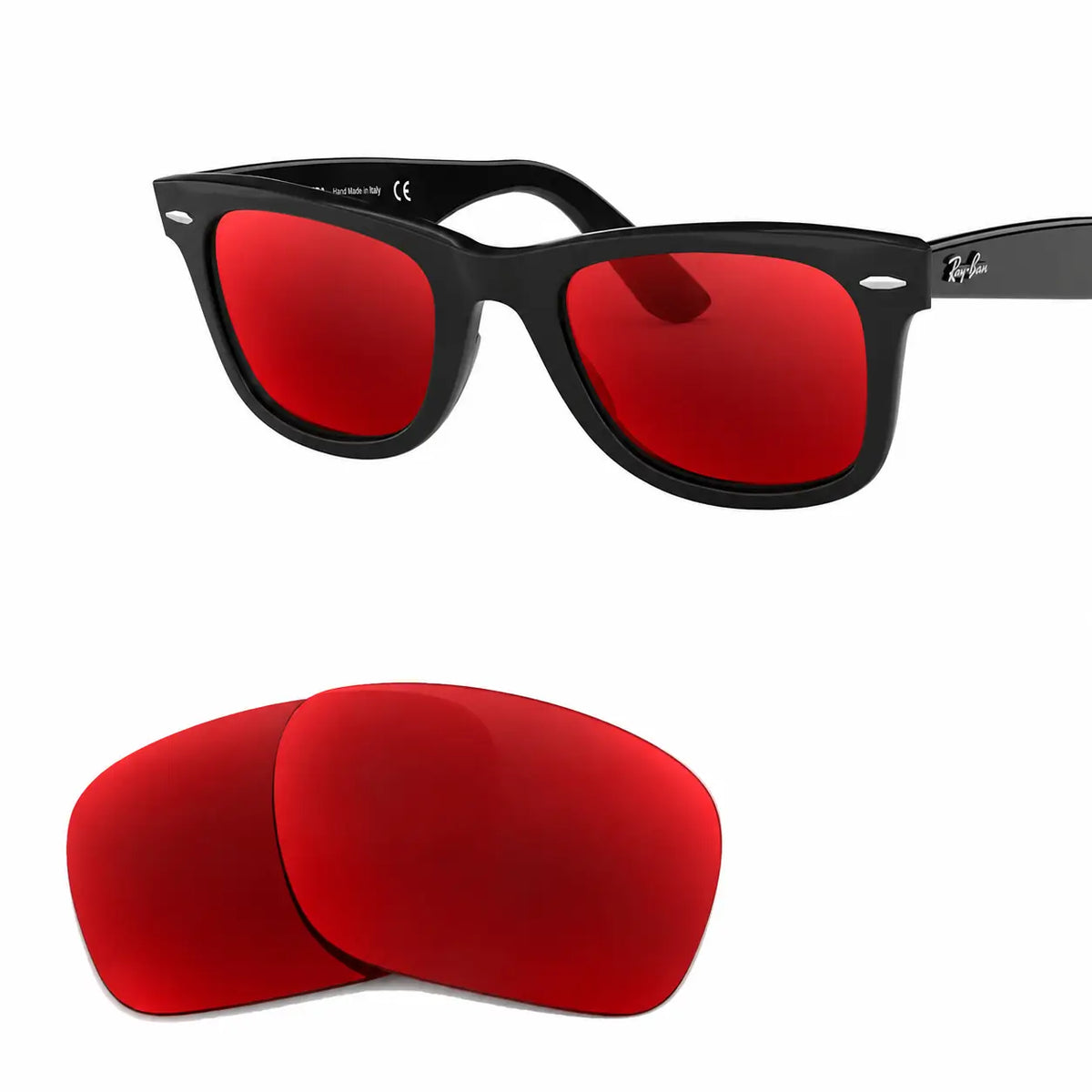 Ray-Ban Original Wayfarer RB2140 replacement lenses in red, angled view of the frame with the pair of lenses below · ReFramed