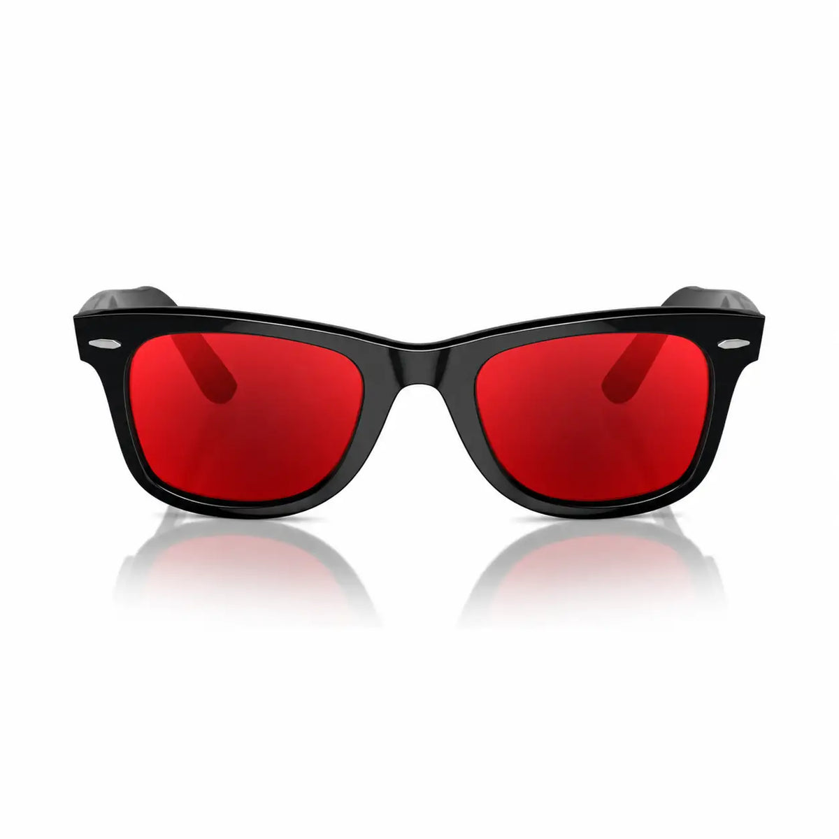 Ray-Ban Original Wayfarer RB2140 replacement lenses in red, front view of the frame fitted with the new lenses · ReFramed