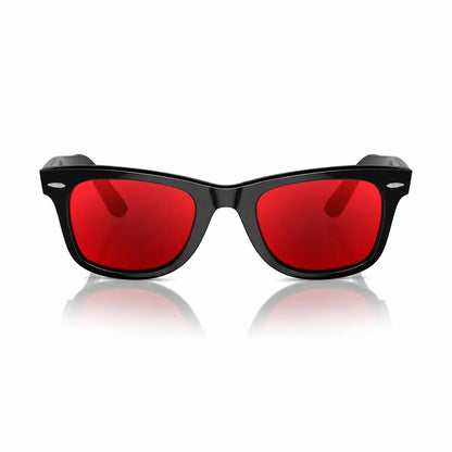 Ray-Ban Original Wayfarer RB2140 replacement lenses in red, front view of the frame fitted with the new lenses · ReFramed