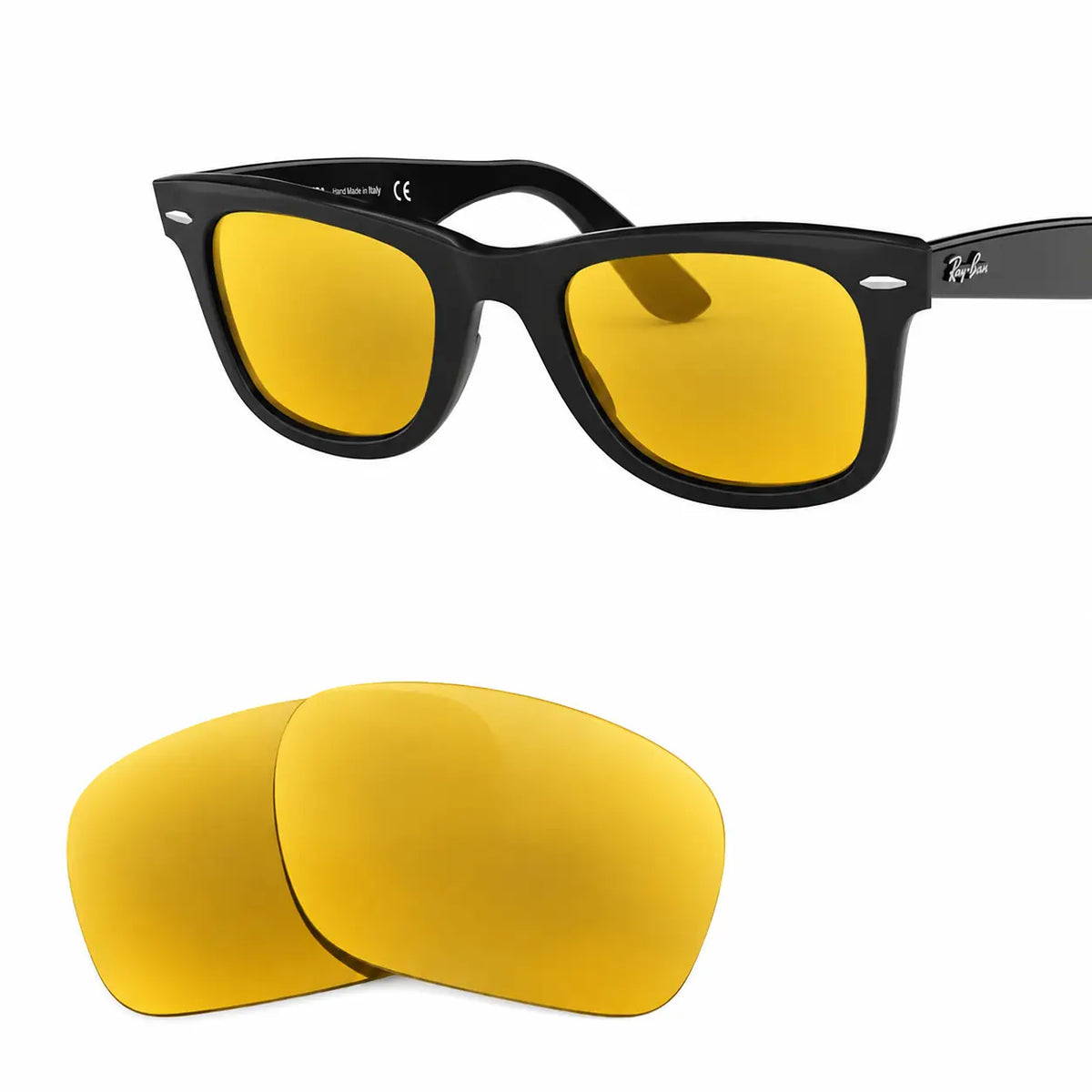Ray-Ban Original Wayfarer RB2140 replacement lenses in yellow, angled view of the frame with the lens pair · ReFramed
