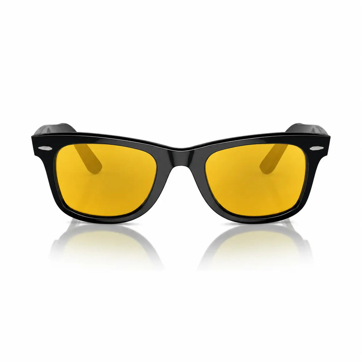 Ray-Ban Original Wayfarer RB2140 replacement lenses in yellow, front view of the frame fitted with the new lenses · ReFramed