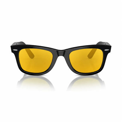 Ray-Ban Original Wayfarer RB2140 replacement lenses in yellow, front view of the frame fitted with the new lenses · ReFramed