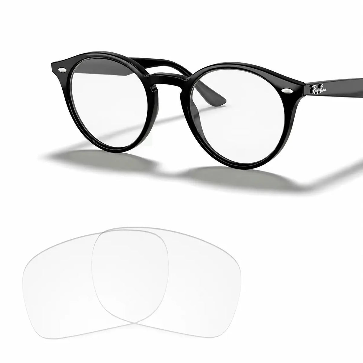 Ray-Ban RB2180 replacement lenses in crystal clear, angled view of the frame with the pair of lenses below · ReFramed