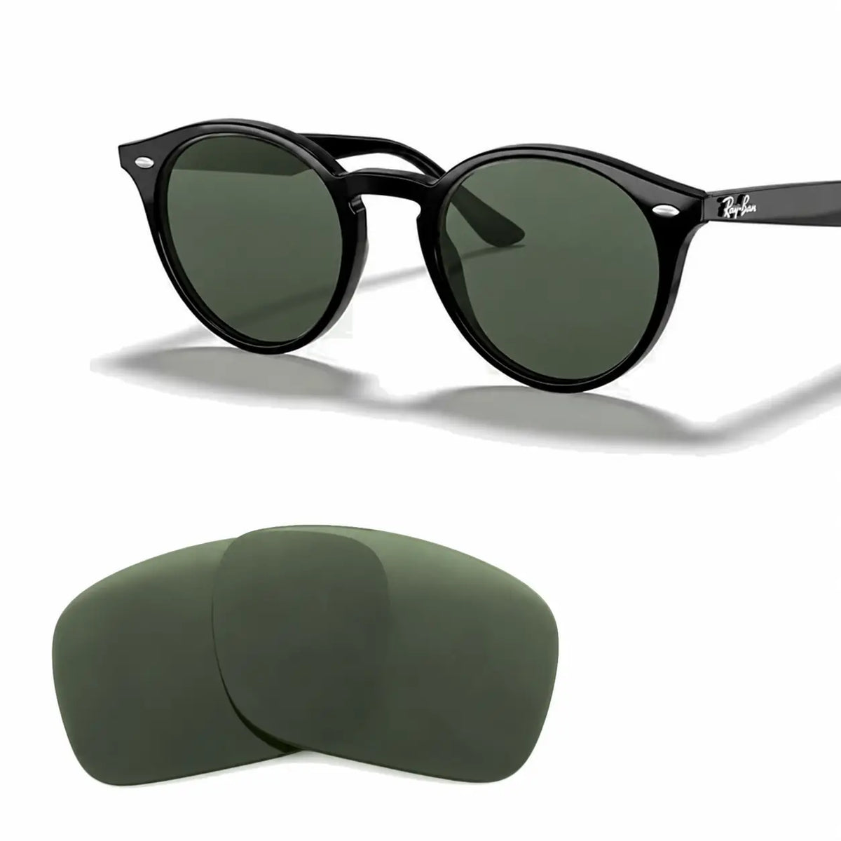 Ray-Ban RB2180 replacement lenses in G15 green, angled view of the frame with the pair of lenses below · ReFramed
