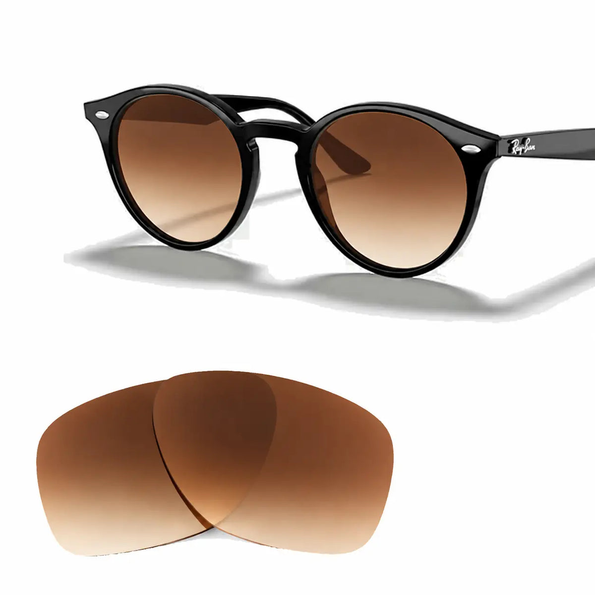 Ray-Ban RB2180 replacement lenses in gradient brown, angled view of the frame with the pair of lenses below · ReFramed