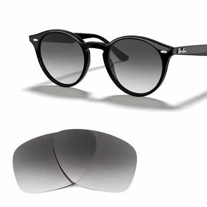Ray-Ban RB2180 replacement lenses in gradient gray, angled view of the frame with the pair of lenses below · ReFramed