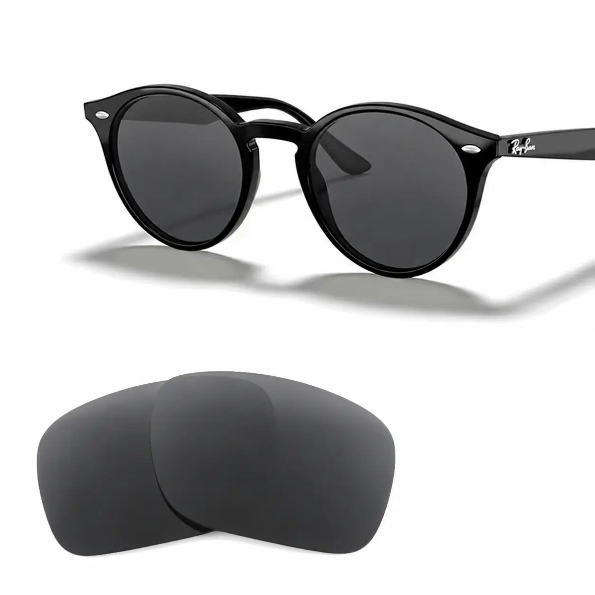 Ray-Ban RB2180 replacement lenses in gray, angled view of the frame with the pair of lenses below · ReFramed