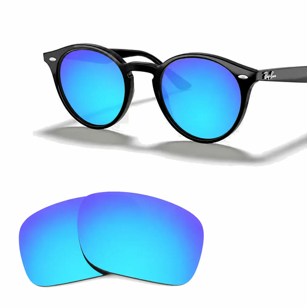 Ray-Ban RB2180 replacement lenses in mirrored blue, angled view of the frame with the pair of lenses below · ReFramed