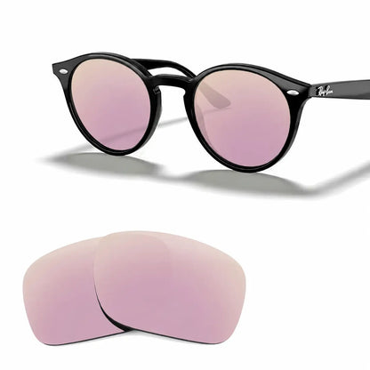 Ray-Ban RB2180 replacement lenses in mirrored pink, angled view of the frame with the pair of lenses below · ReFramed