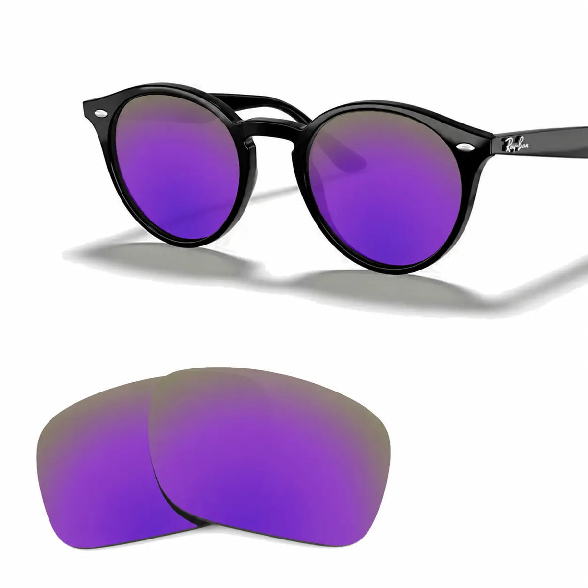 Ray-Ban RB2180 replacement lenses in mirrored purple, angled view of the frame with the pair of lenses below · ReFramed